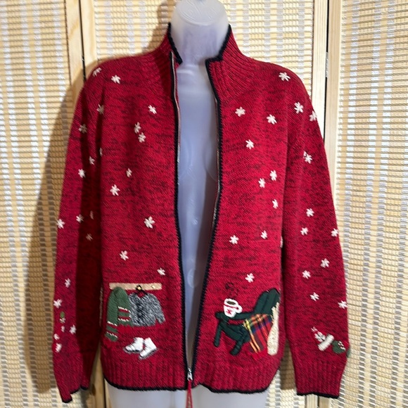Coldwater Creek Red Knit Ugly Holiday Sweater Cardigan Winter Activities Medium - Picture 11 of 16